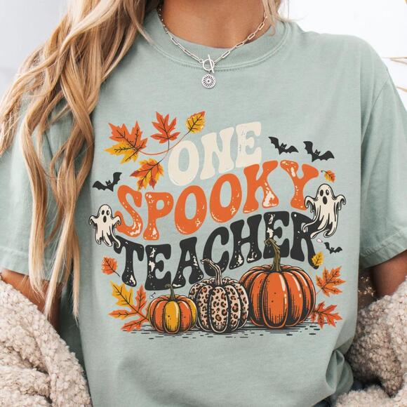 Other - One Spooky Teacher Halloween T-Shirt, Cute Ghost And Books
